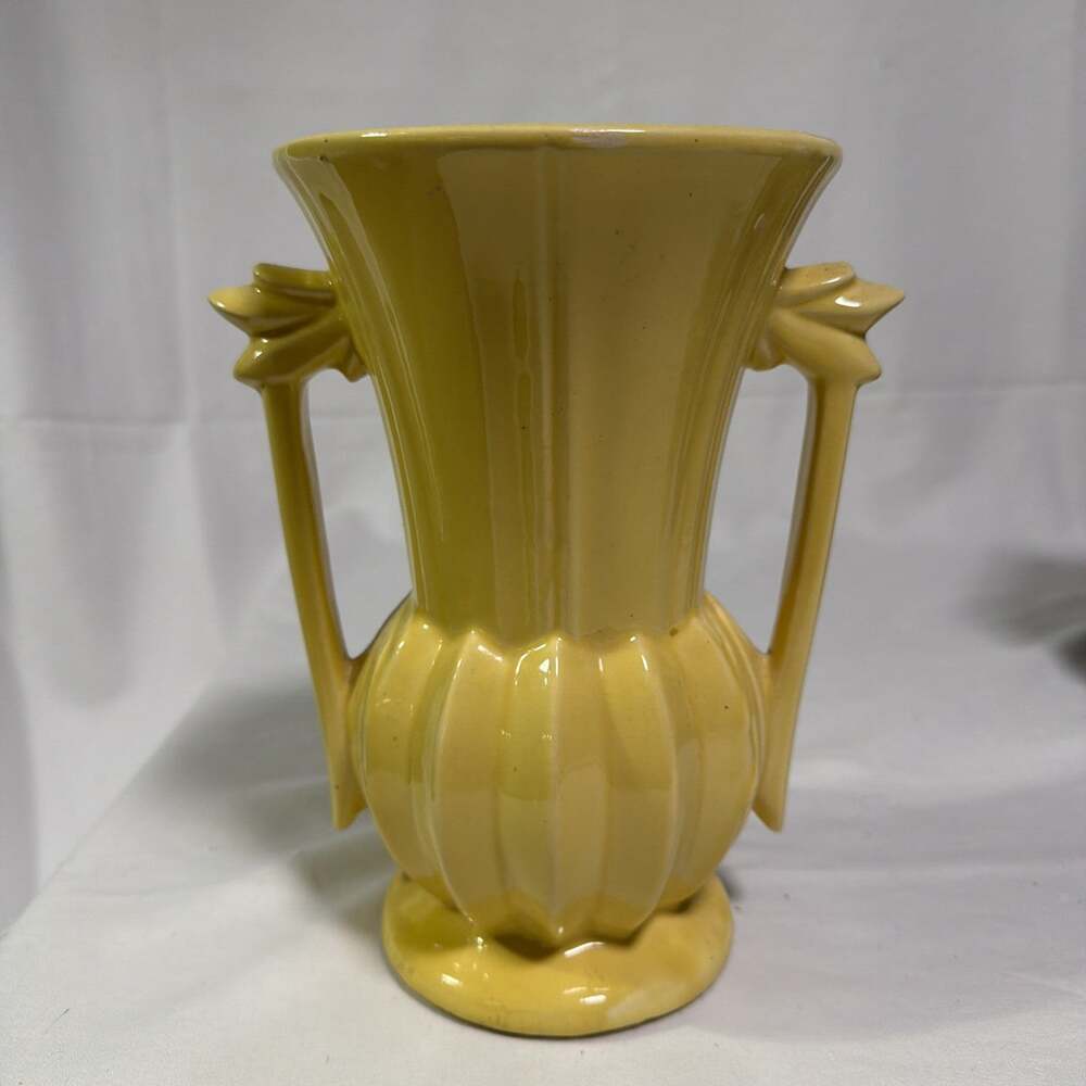 Vintage Nelson McCoy Pottery Yellow Double Leaf Shaped Handled Art Deco Vase